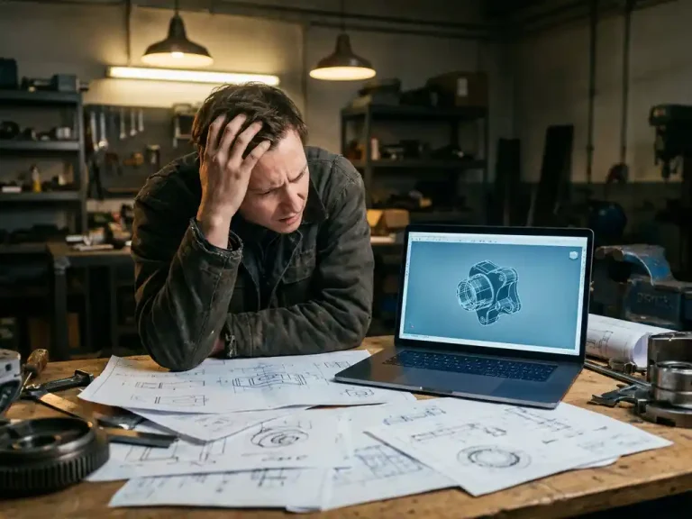 Verwarrde klant over werkbank met technische 2D-tekeningen naast laptop met helder 3D CAD-model in staalblauwe tinten.