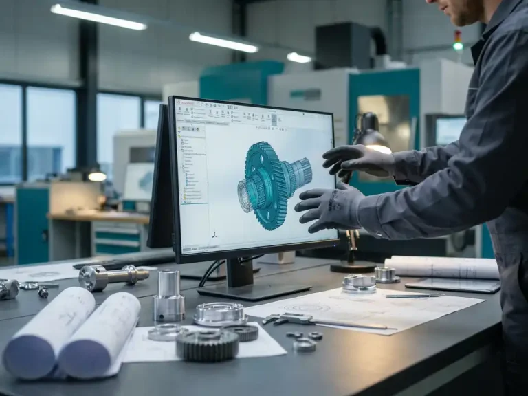 Werktuigbouwkundig ingenieur werkt aan 3D CAD-model van metalen machinedeel, technische tekeningen op industrieel bureau in moderne Nederlandse fabriek.