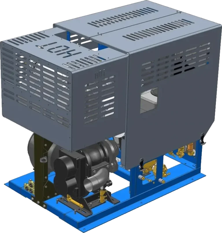Webviewer met een 3D CAD-model van een industriële machine in isometrisch perspectief." "Interactieve 3D-webviewer met een CAD-model van een industriële machine en beschermbehuizing.