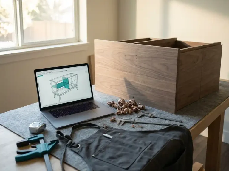 Houten kastpaneel in aanbouw op werkbank, naast laptop met 3D-meubelmodel, omringd door houtsnippers en meetgereedschap.