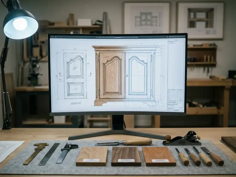 Technische tekening van een houten kastpaneel op monitor, met precisie-houtbewerkingsgereedschap en houtmonsters op een studioburo.