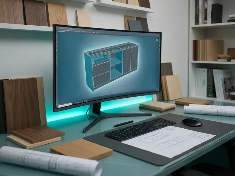 3D CAD-model van een maatwerk interieukast op een monitor, omringd door houtmonsters en technische tekeningen op een studiotafel.