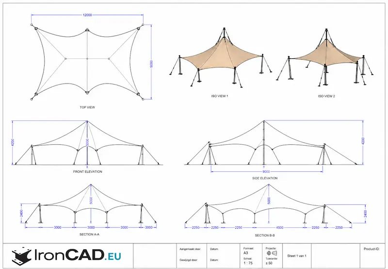Technische 2D CAD-tekening van een vierkante stretchtent met bovenaanzicht, twee isometrische weergaven, voor- en zijaanzicht en doorsneden. De tekening bevat blauwe maatvoering, zwarte constructielijnen, beige tentdoek, steunpalen en scheerlijnen, met onderaan een IronCAD-titelblok en logo.