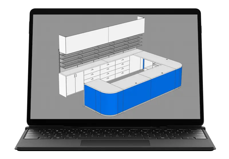 Matériel de laboratoire Conception en 3D d'un poste de travail de laboratoire comprenant une table de travail en forme de U, des armoires de rangement, des tiroirs et une étagère murale, affichée sur l'écran d'un ordinateur portable.