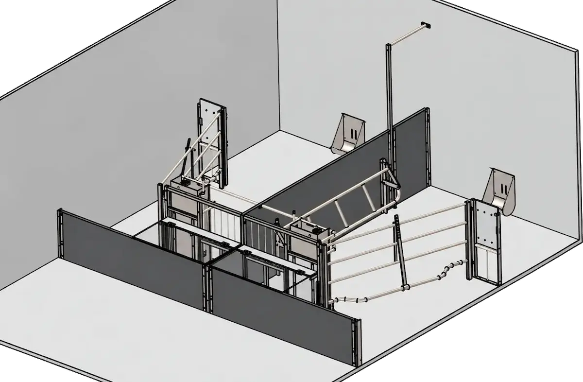 Isometrische IronCAD-weergave van een kraamhok met metalen hekwerken, donkere afscheidingspanelen, voerbakken en diverse verstelbare poorten binnen een eenvoudige ruimte met grijze wanden.