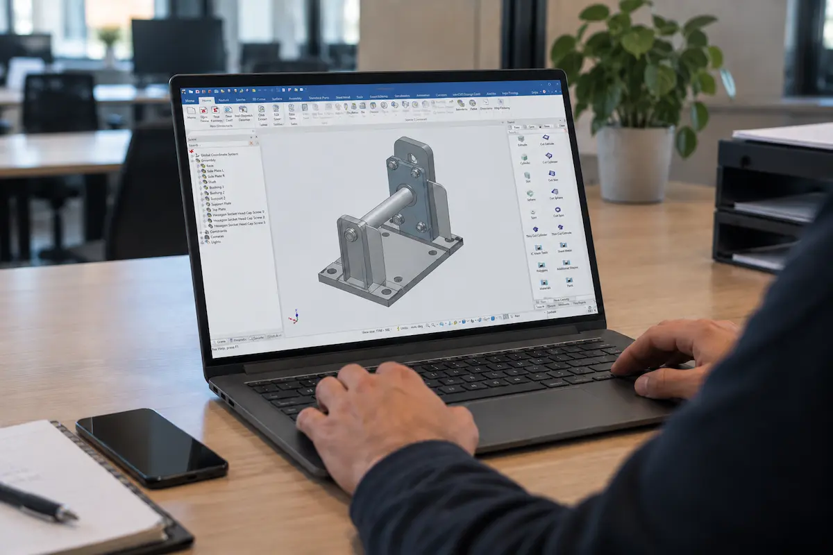 Ontwerper werkt op een laptop met de IronCAD-interface, waarin een technisch 3D-model van een mechanische constructie wordt weergegeven.